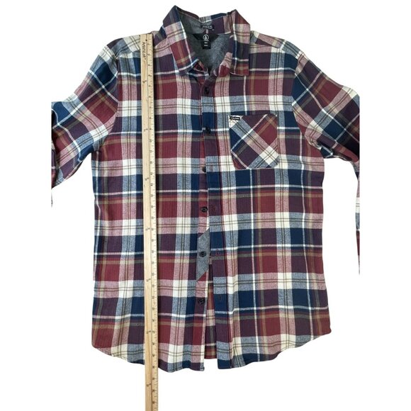 VOLCOM Men's Flannel Shirt True to This Sz Large Red Blue White Plaid Button-Up - Picture 12 of 13